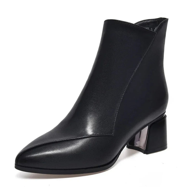 Botines de mujer de moda, tacón bajo, punta puntiaguda y cremallera lateral para fácil ajuste.