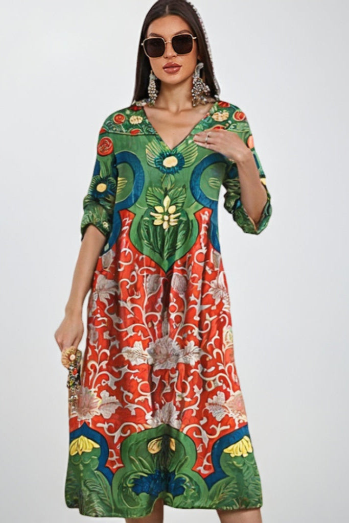 Vestido maxi floral vintage verde para mujer, manga larga, escote V, estilo boho romántico de primavera-verano.