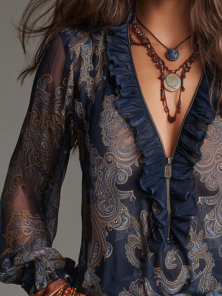 Blusa de primavera/verano para mujer, estampado paisley, cuello V, manga larga. Ideal para moda femenina casual.