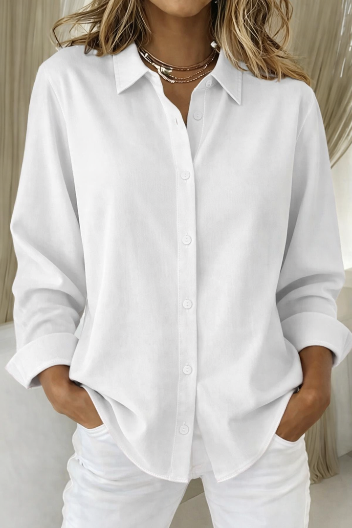 Camisa de algodón Andrea para mujer, corte casual holgado, manga larga, estilo informal y chic.