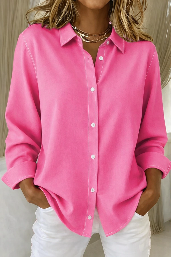 Camisa de algodón Andrea para mujer, estilo casual elegante, manga larga, ideal primavera-verano.