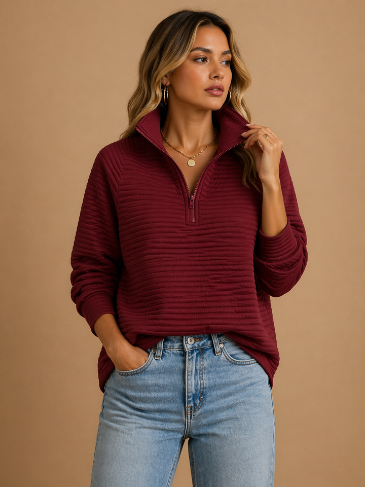 Suéter de mujer a la moda, punto grueso, cuello alto con cremallera, ajuste relajado, perfecto para invierno.