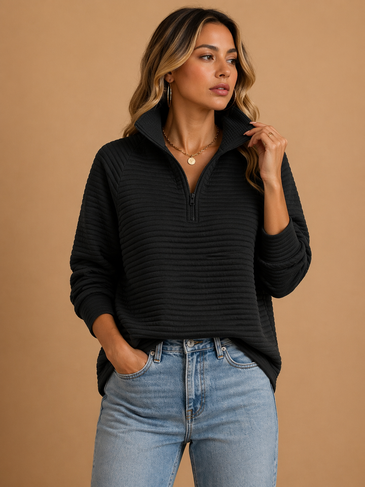 Cálido suéter de punto con cuello alto y cremallera para mujer, diseño relajado acanalado, moda casual.