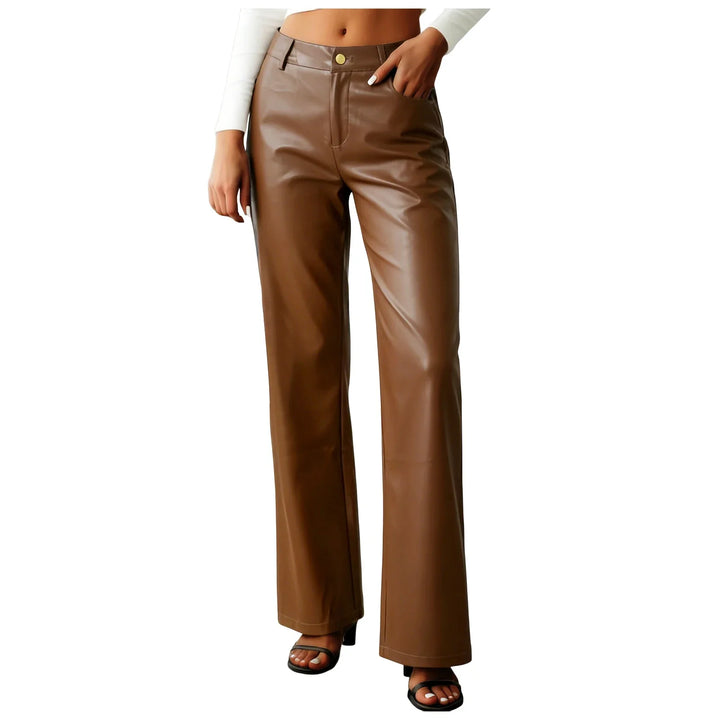 Pantalones anchos de cuero sintético para mujer con cintura alta. Look casual y elegante.
