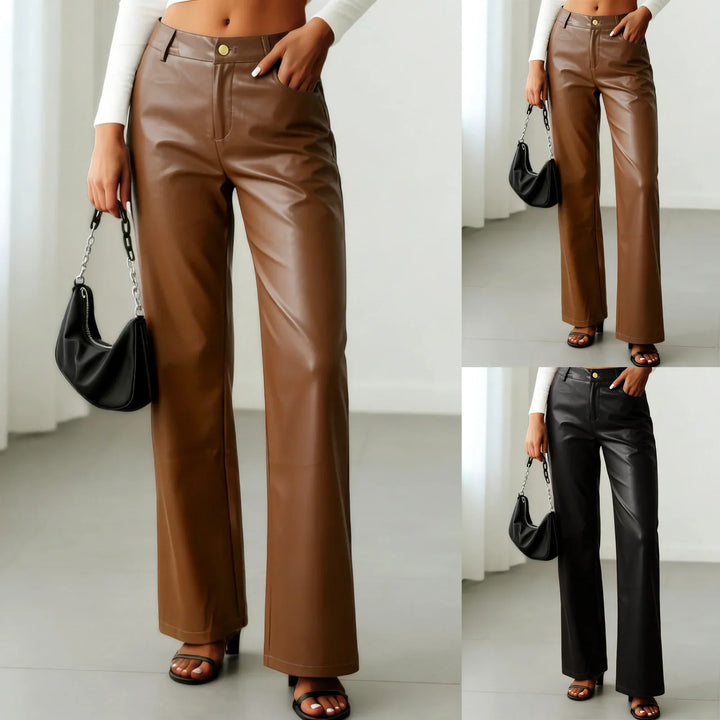 Moda mujer: pantalones de pierna ancha en cuero sintético negro con cintura alta. Estilo actual.
