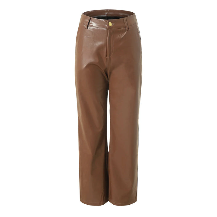 Pantalones elegantes de cuero sintético para mujer, cintura alta, pierna ancha. Confort y estilo.