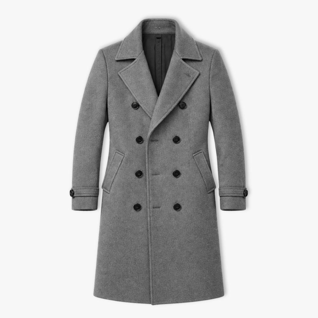 Abrigo de hombre de doble botonadura, un básico elegante para invierno y otoño. Ropa de abrigo de moda masculina.