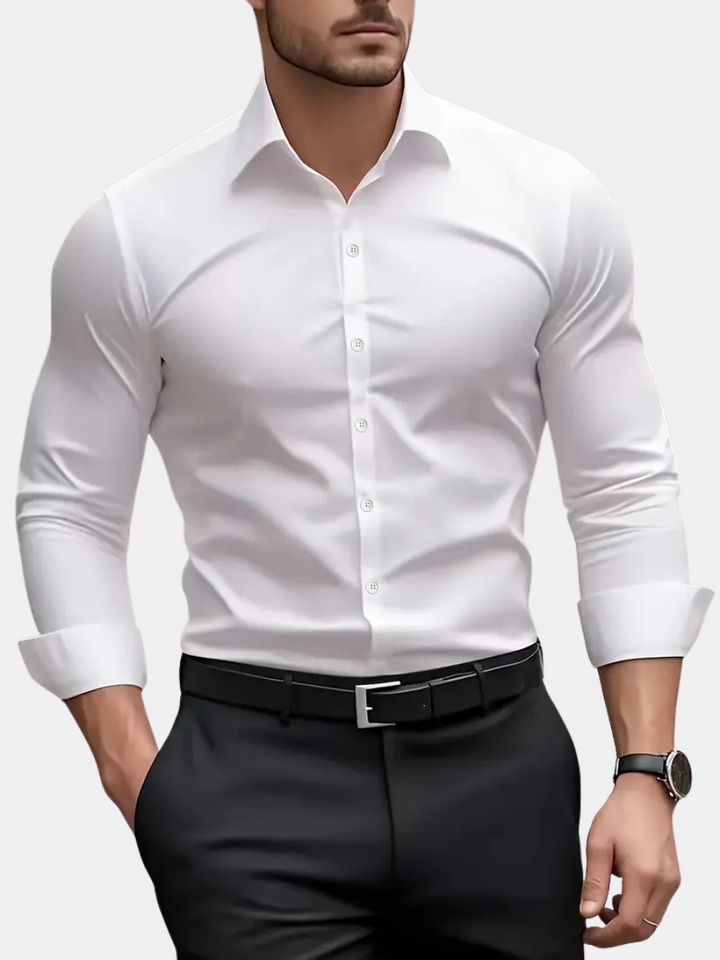 Camisa elegante para hombre slim fit, cuello Kent, manga larga. Versátil para vestir casual o formal.