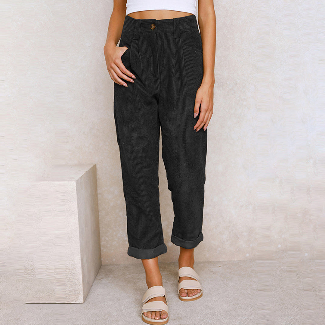 Pantalón mujer elegante negro, corte recto, cintura elástica. Ideal oficina/casual otoño.
