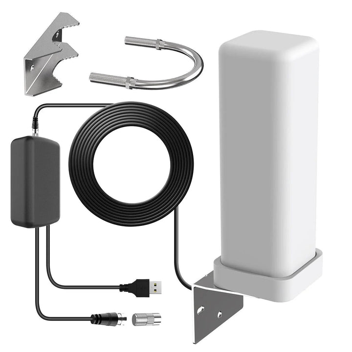 Antena exterior HDTV amplificada con rotación 360° para TV digital gratis. Recepción UHF/VHF de largo alcance.
