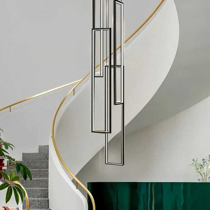 Lámpara araña LED rectangular moderna para escalera, diseño elegante y funcional.