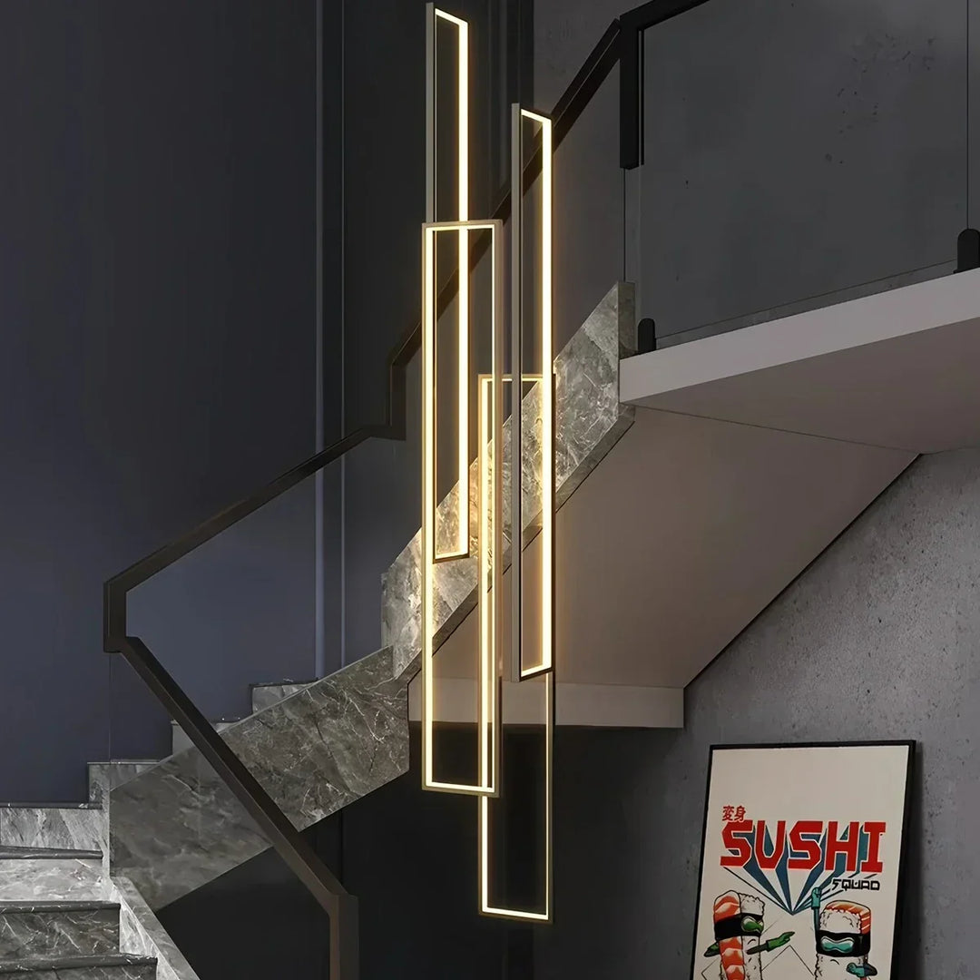 Lámpara araña rectangular LED, diseño minimalista para espacios modernos y elegantes.