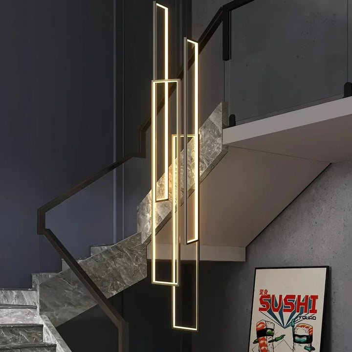 Lámpara araña rectangular LED, diseño minimalista para espacios modernos y elegantes.