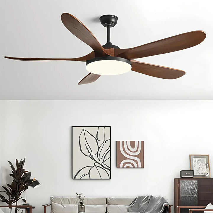 Ventilador de techo de madera con 5 aspas y luz LED silenciosa para salón.