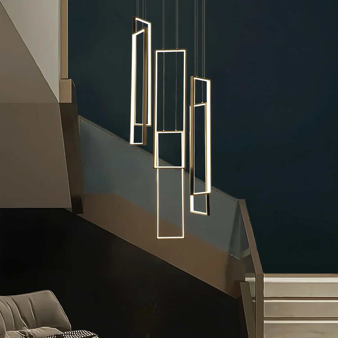 Iluminación LED de araña, rectangular y moderna, ideal para vestíbulos amplios.