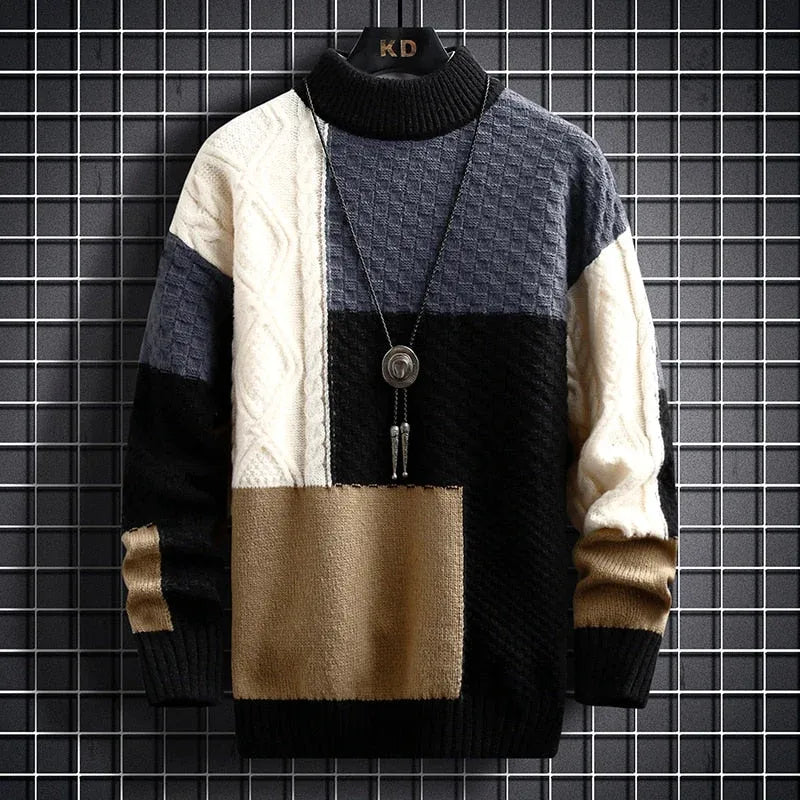 Jersey de hombre con cuello alto y diseño patchwork. Elegante suéter casual para moda masculina.