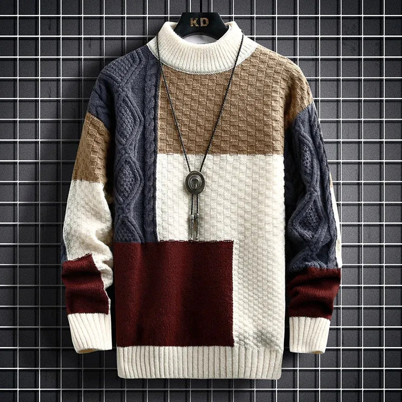 Suéter de hombre casual con cuello alto y diseño patchwork. Ideal para el estilo de otoño/invierno.