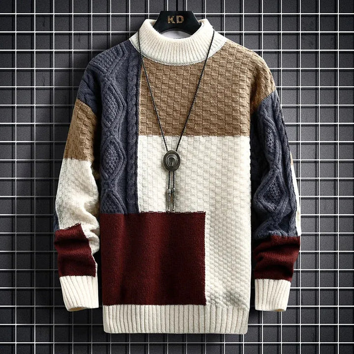 Suéter de hombre casual con cuello alto y diseño patchwork. Ideal para el estilo de otoño/invierno.