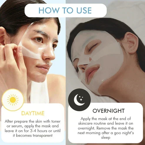 Envase de mascarilla facial de bio-colágeno hidratante para noche. Cuidado intensivo y antiedad.