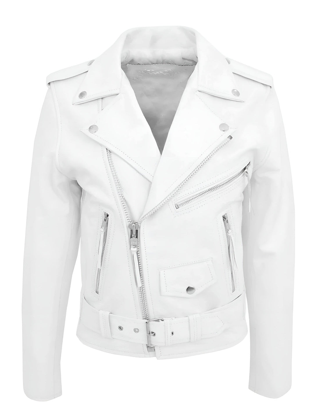 Mujer vistiendo chaqueta de cuero genuino negra, diseño motero clásico, look biker.