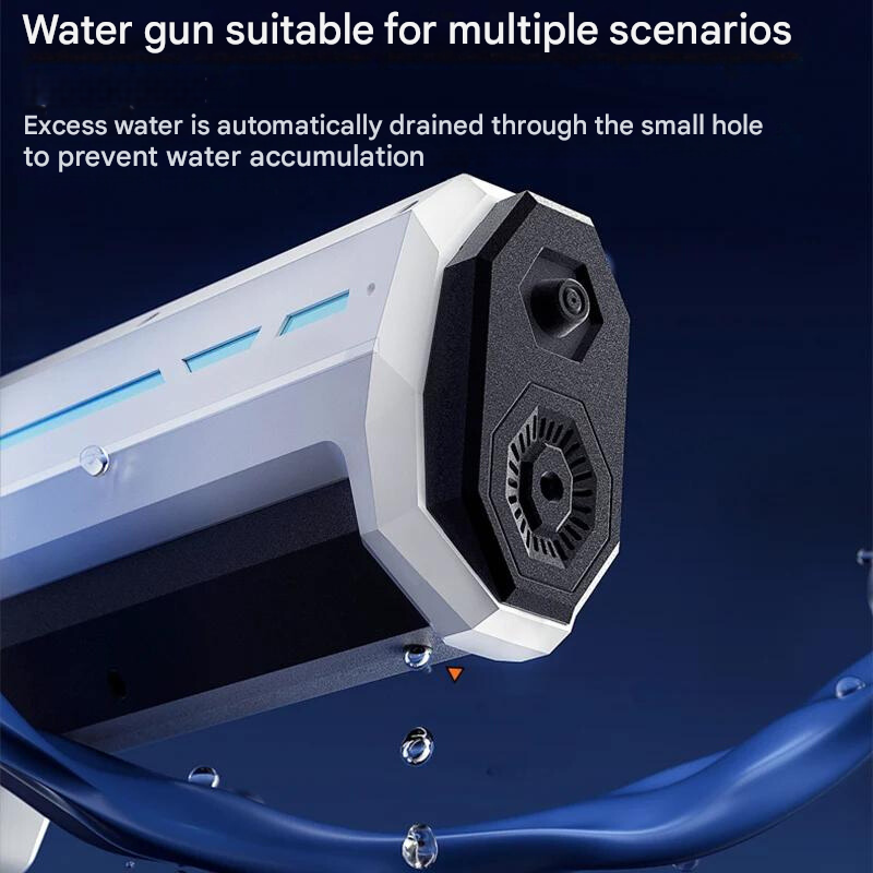Detalle de pistola de agua automática recargable, perfecta para intensas batallas acuáticas de verano y juego al aire libre.