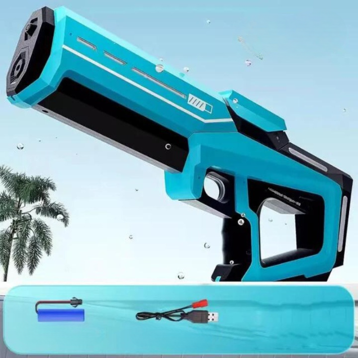 Grupo de amigos jugando con pistolas de agua automáticas en un vibrante juego de verano al aire libre. Diversión para todos.