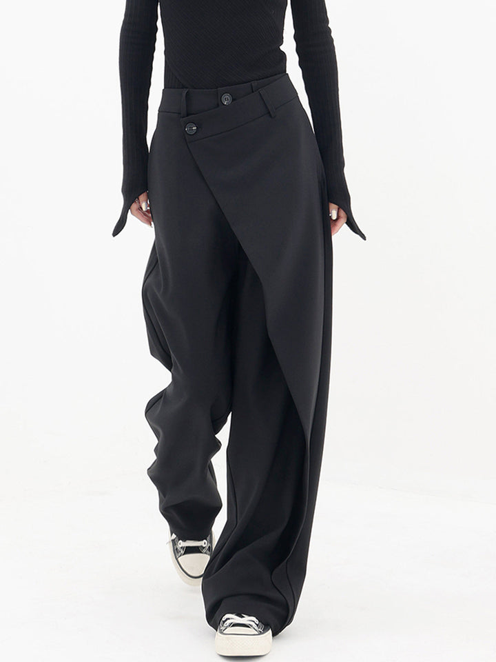 Pantalón fluido de mujer con diseño cruzado único y pierna ancha para moda casual.