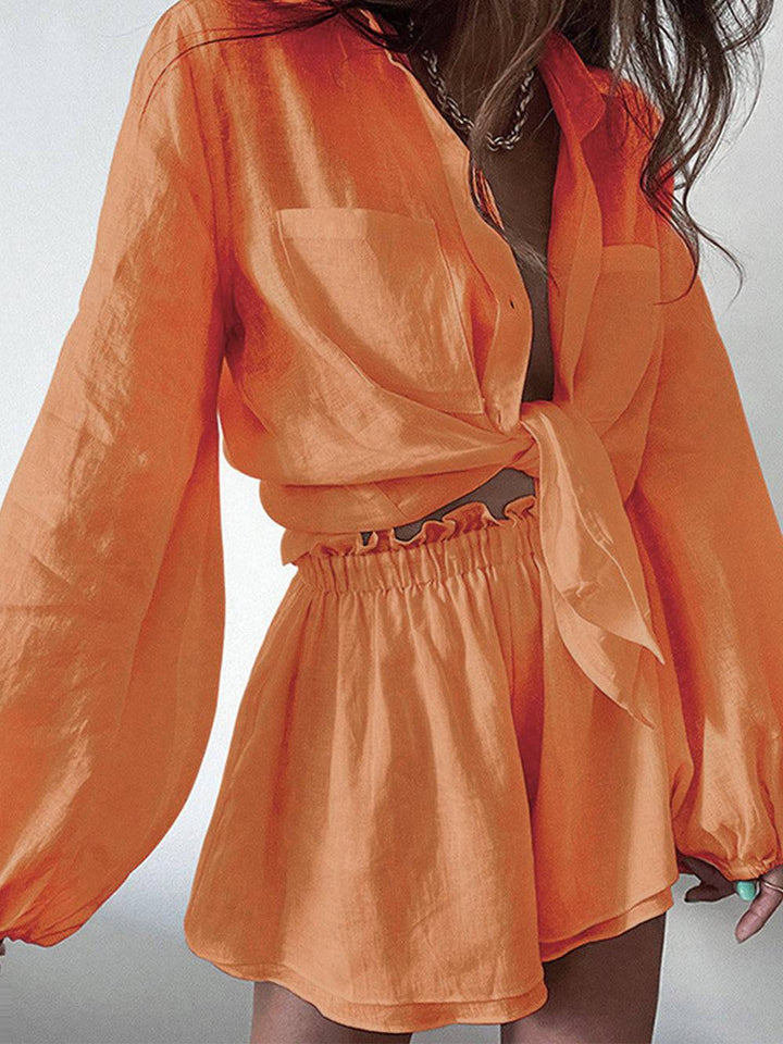 Conjunto de verano de lino para mujer con blusa transpirable y shorts. Ideal para la playa, fresco y cómodo.