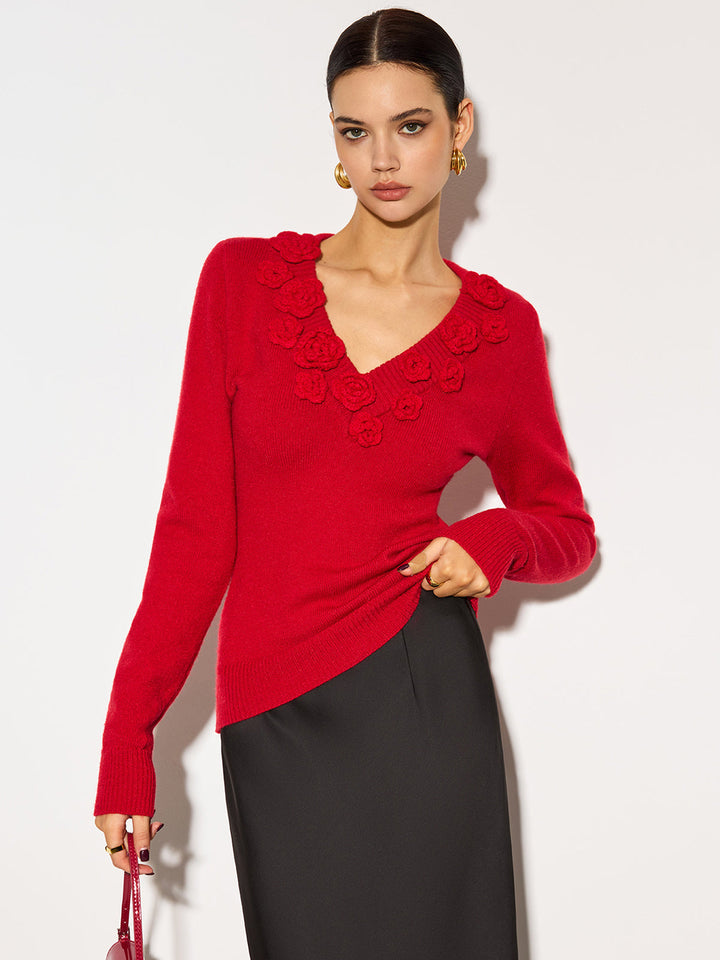 Top de punto ceñido rojo para mujer con escote V profundo y elegantes flores 3D, ideal para primavera/verano.