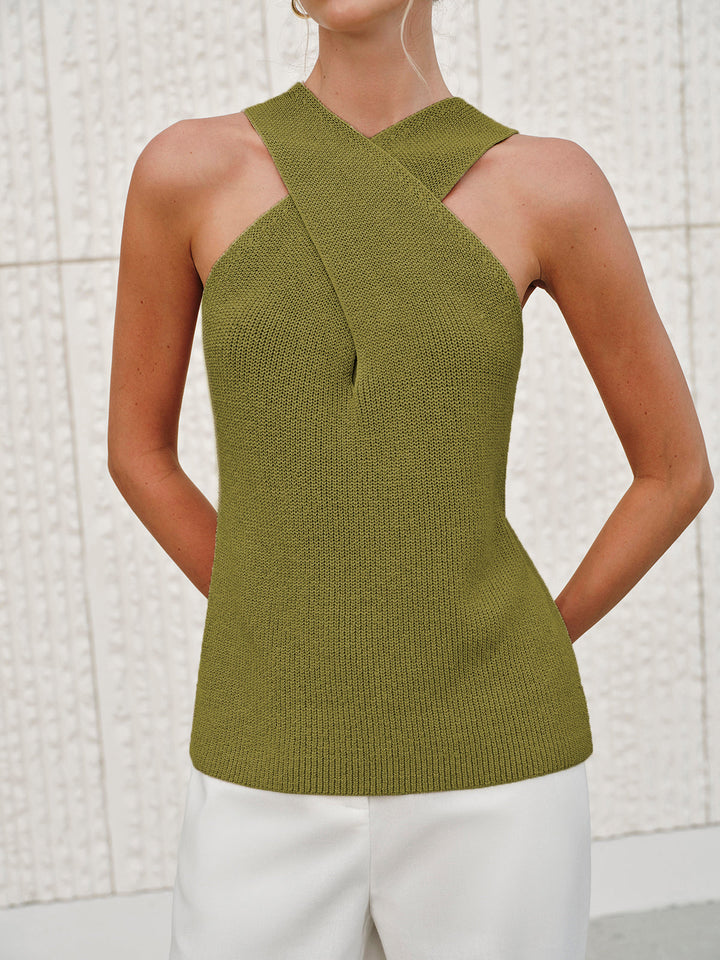 Top halter cruzado sofisticado para mujer, sin mangas. Estilo caqui, ideal para verano elegante.