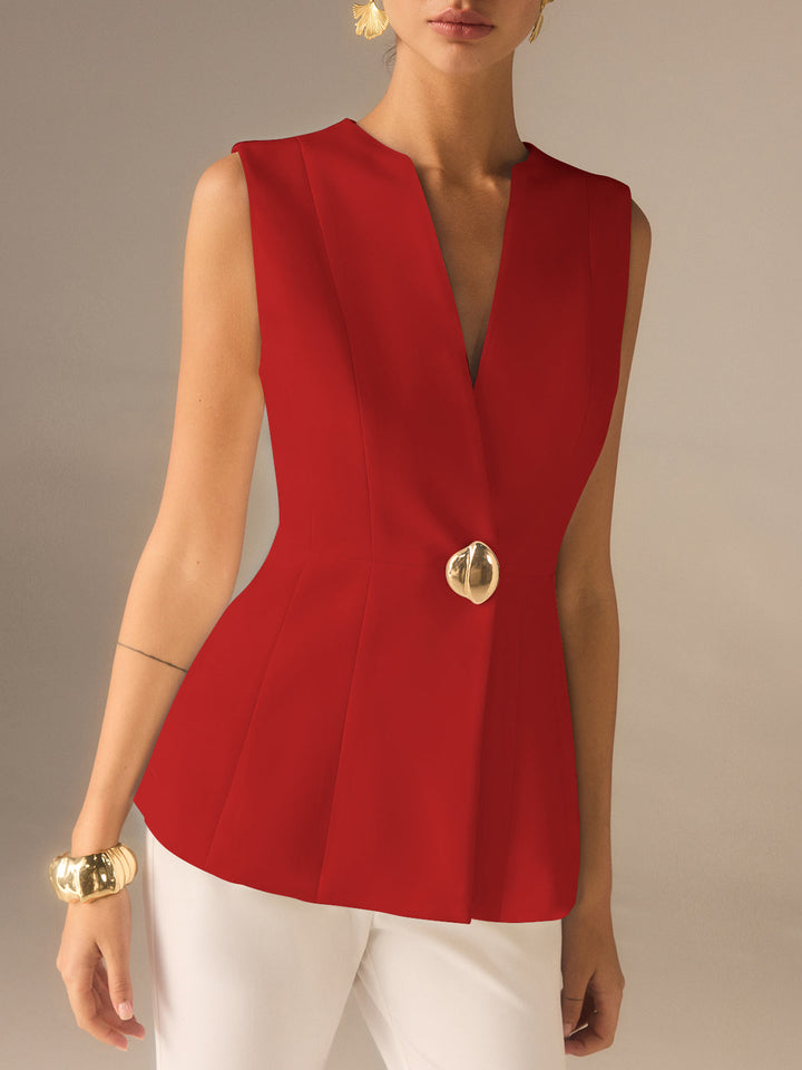 Diseño de chaleco sin mangas cuello V, elegante y femenino. Prenda versátil ideal para la moda de primavera-verano.