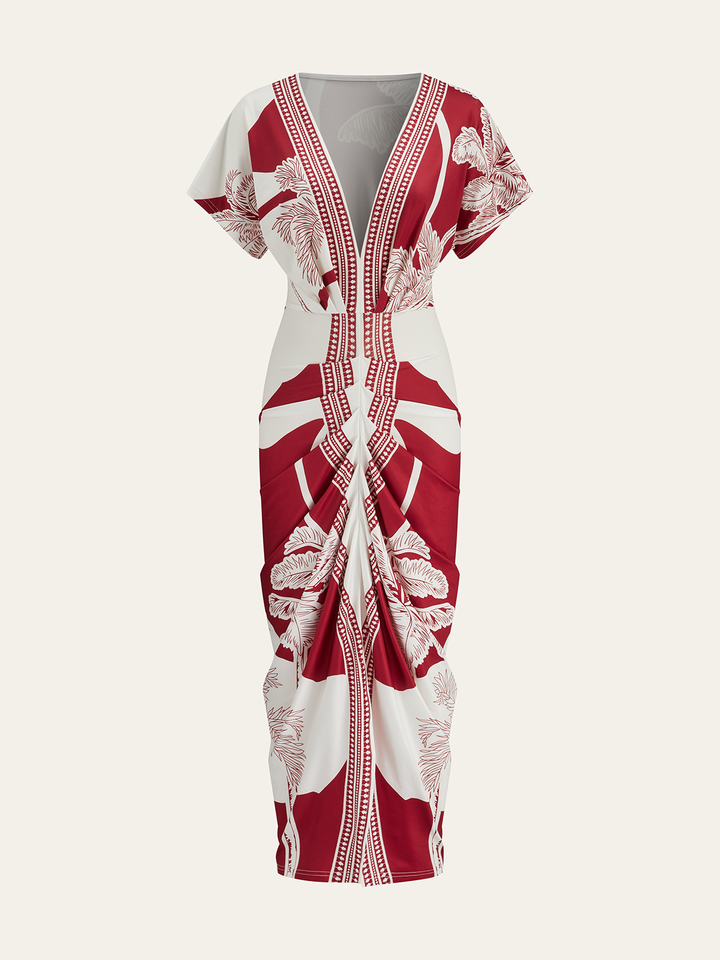 Vestido midi estampado floral rojo y caqui, escote en V, para mujer, perfecto para un atuendo casual de primavera.