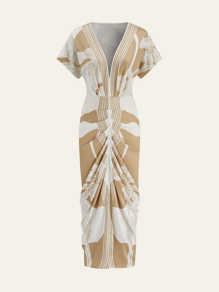 Vestido midi estampado floral versátil con escote en V, para mujeres, ideal para looks casuales o elegantes.