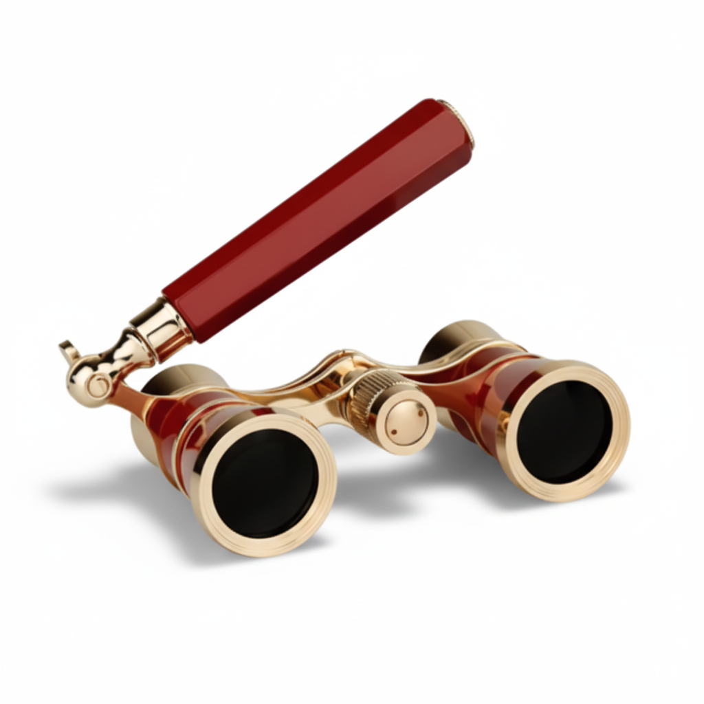 Binoculares compactos para ópera, teatro y conciertos, con óptica de precisión y mango plegable.