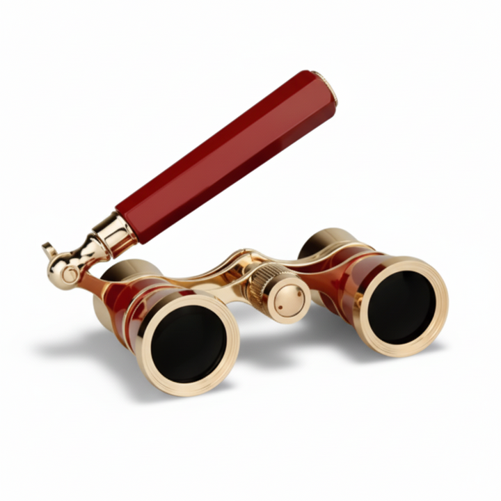 Binoculares compactos para ópera, teatro y conciertos, con óptica de precisión y mango plegable.