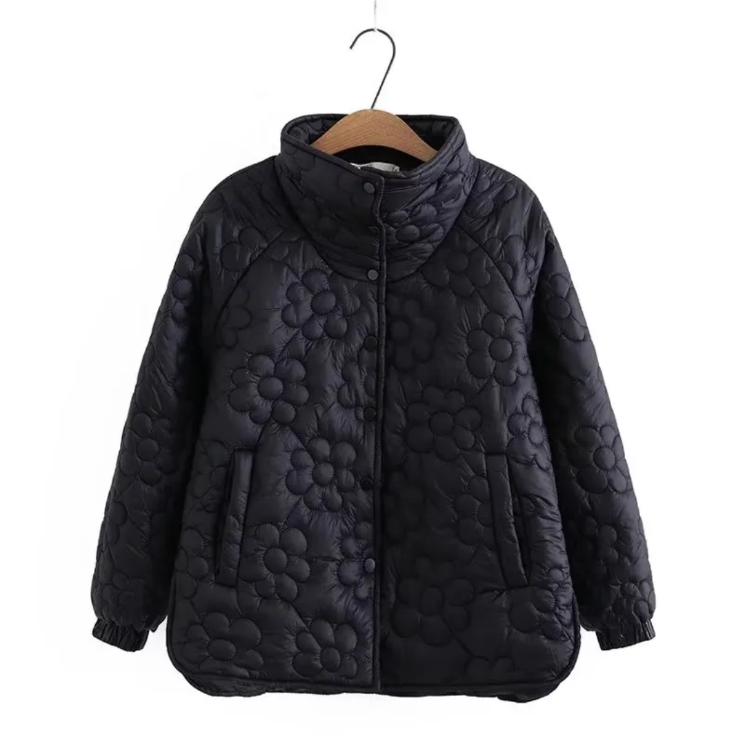 Chaqueta cálida de invierno para mujer, diseño floral único y moderno, estilo elegante.