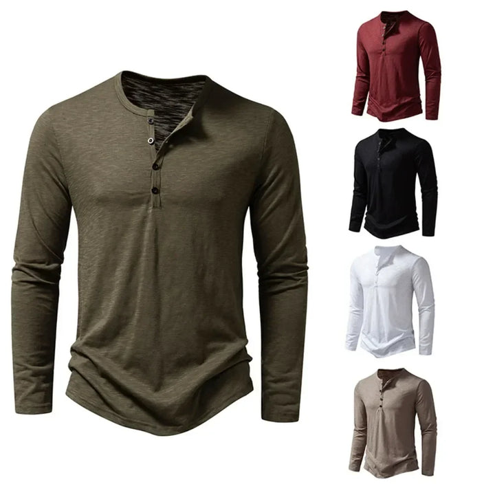 Camiseta de algodón para hombre, manga larga y escote con botones. Ideal para primavera/otoño, ropa masculina casual.