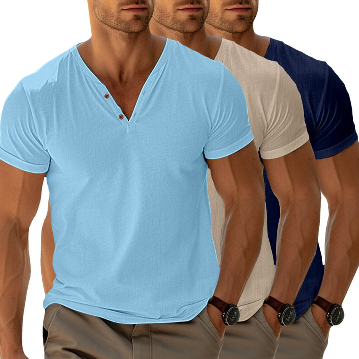 Camiseta de hombre LENO con elegante cuello en V y botones frontales. Prenda básica de moda masculina para outfit diario.
