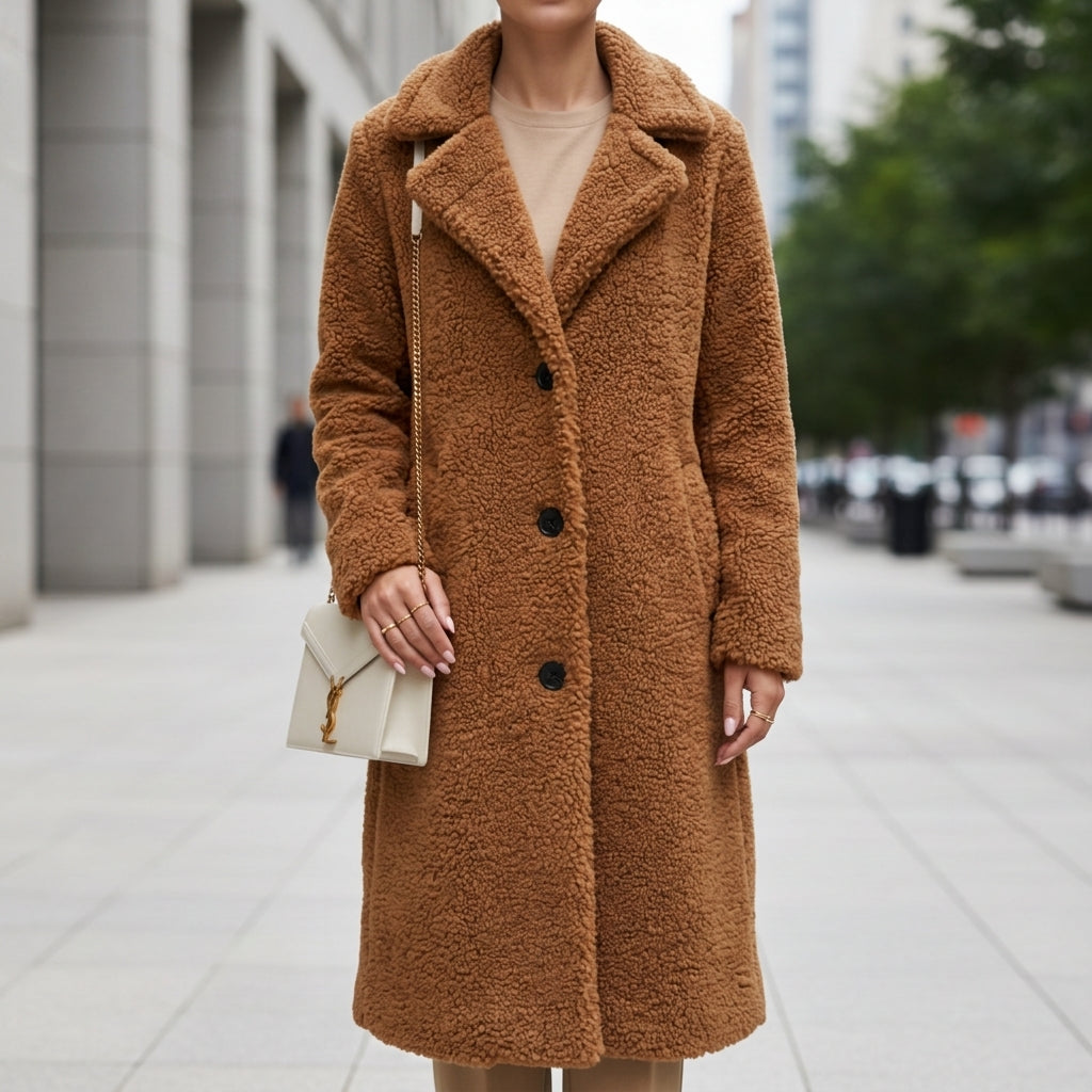 Chaqueta de peluche sintético para mujer, estilo elegante con solapa. Abrigo cálido ideal para el invierno.