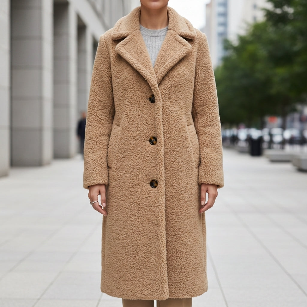 Abrigo de peluche para mujer con solapa elegante y bolsillos. Chaqueta cálida de invierno en material sintético.
