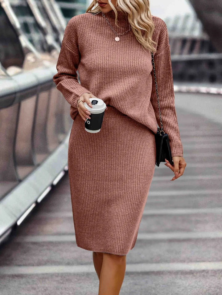 Cómodo conjunto de punto acanalado midi para mujer, incluye top de manga larga y falda. Look invernal.