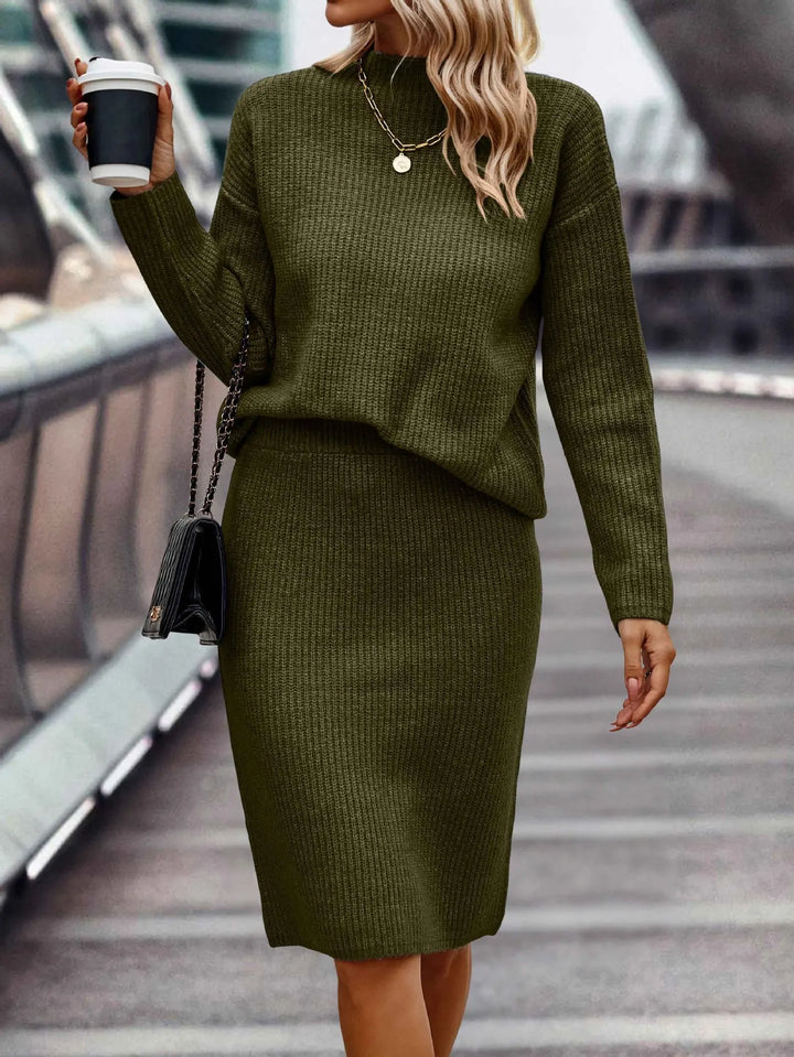 Conjunto de punto midi de mujer para otoño-invierno, manga larga. Versátil y cómodo para un look casual.