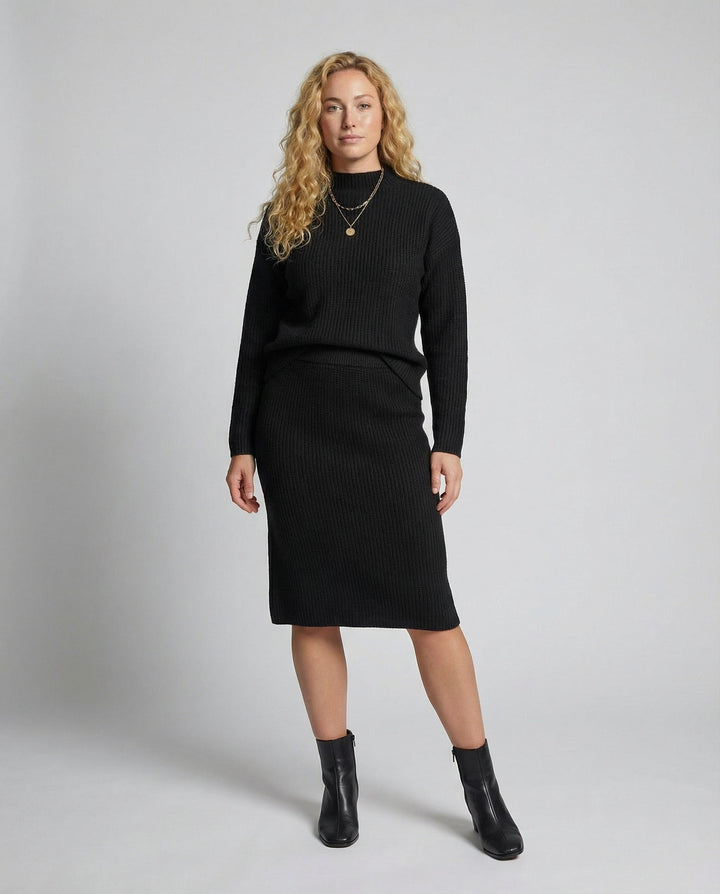 Conjunto de punto midi para mujer: suéter manga larga y falda acanalada a juego. Perfecto para el frío.