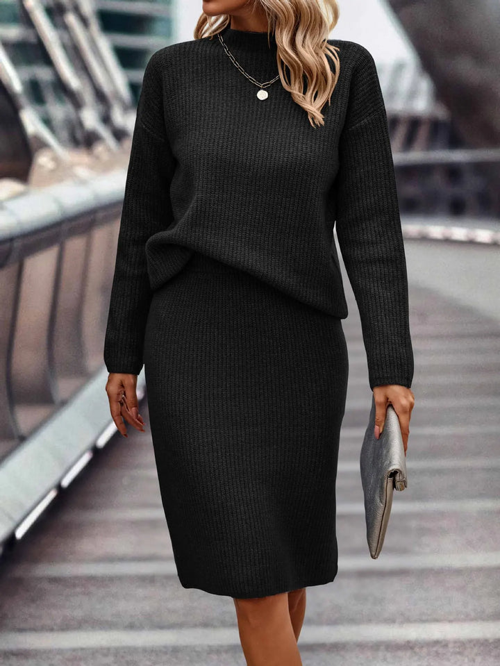 Conjunto de punto midi para mujer con manga larga acanalado. Ideal para estilo casual de otoño-invierno.