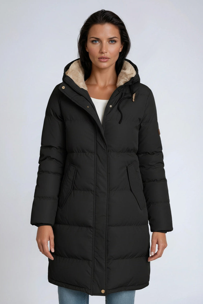 Chaqueta de invierno cómoda para mujer, diseño largo con capucha. Ropa exterior cálida y de moda para el frío.