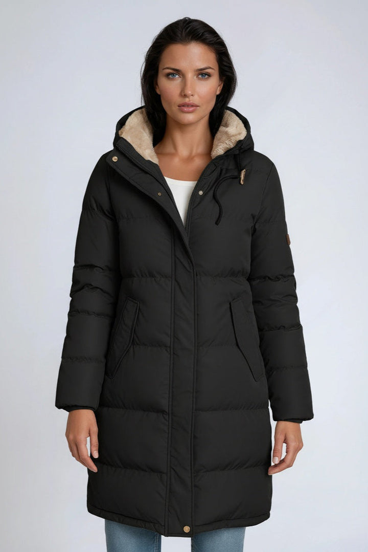 Chaqueta de invierno cómoda para mujer, diseño largo con capucha. Ropa exterior cálida y de moda para el frío.
