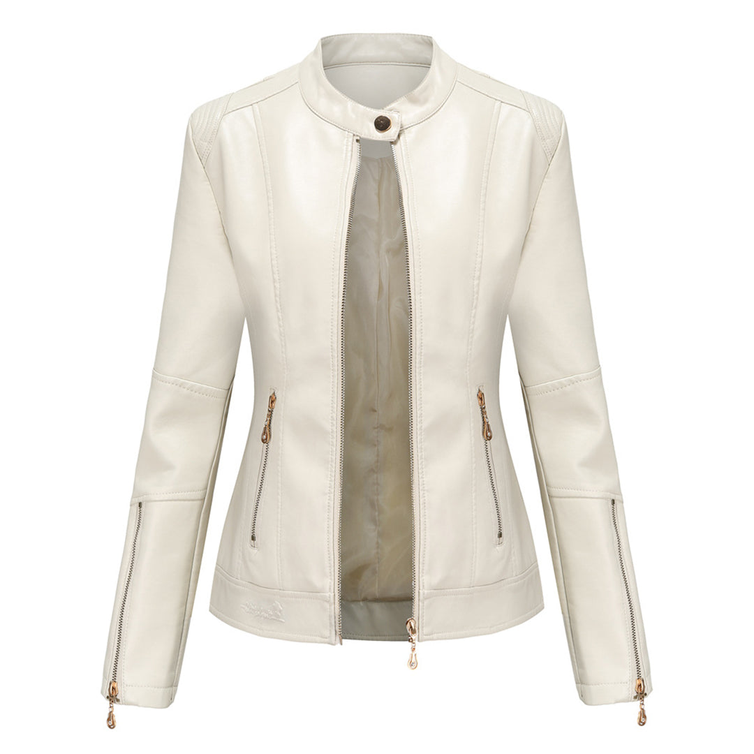 Chaqueta moderna para mujer, elegante, con cuello redondo y botones, perfecta para moda femenina actual.