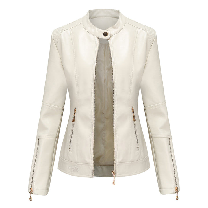 Chaqueta moderna para mujer, elegante, con cuello redondo y botones, perfecta para moda femenina actual.
