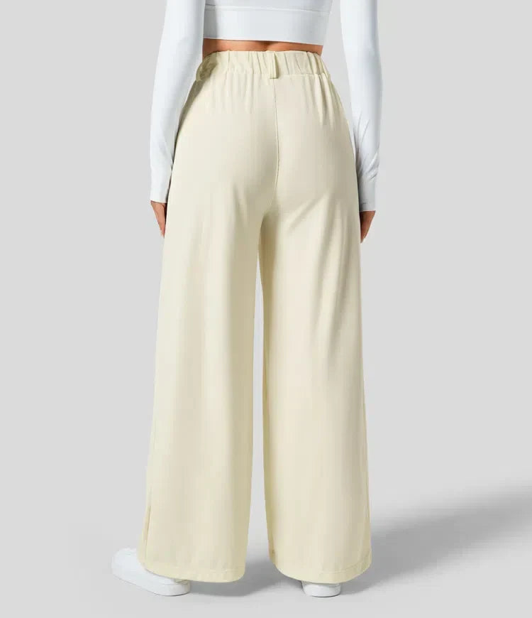 Pantalón casual chic de mujer, talle alto y pernera ancha, comodidad y estilo.