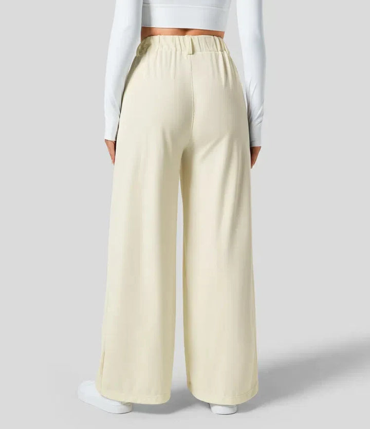 Pantalón casual chic de mujer, talle alto y pernera ancha, comodidad y estilo.